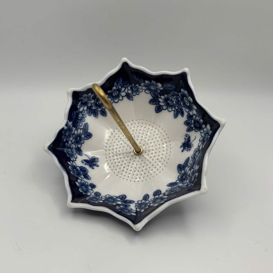 Blue & White Ceramic Umbrella Tea Strainer with Catch Dish — 2 Piece