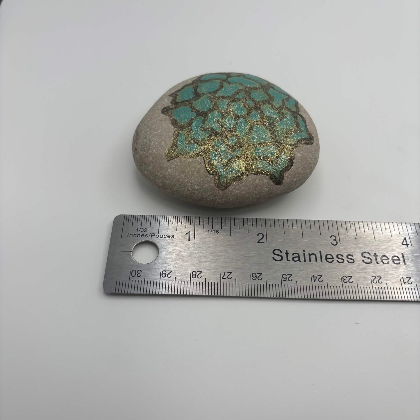 Original Hand-Painted Lake Superior Stone — Green & Gold Floral — 1 of 3