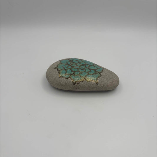 Original Hand-Painted Lake Superior Stone — Green & Gold Floral — Final Piece 3 of 3