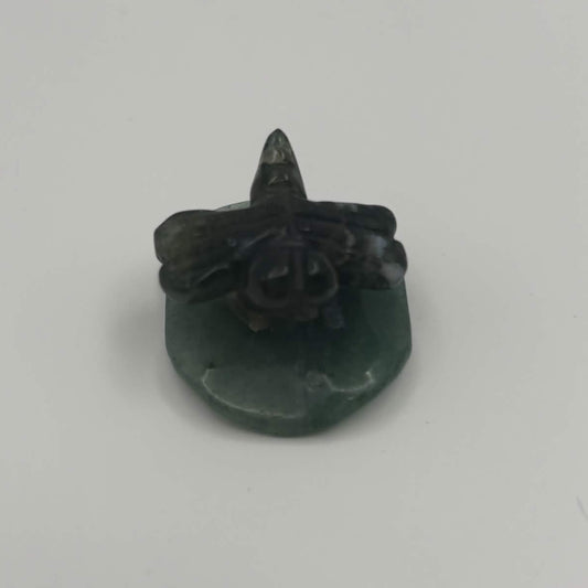 Moss Agate Dragonfly on Green Aventurine Leaf – Natural Stone Carving (CR-DF12)