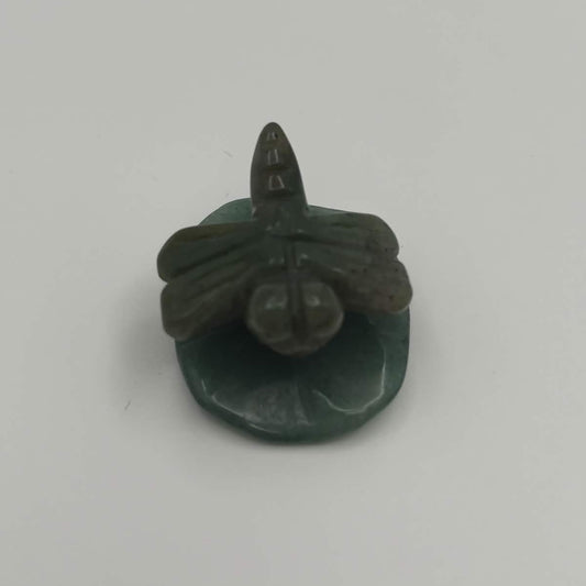Moss Agate Dragonfly on Green Aventurine Leaf – Natural Stone Carving (CR-DF13)