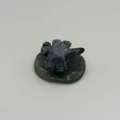 Moss Agate Dragonfly on Green Aventurine Leaf – Natural Stone Carving (CR-DF5)