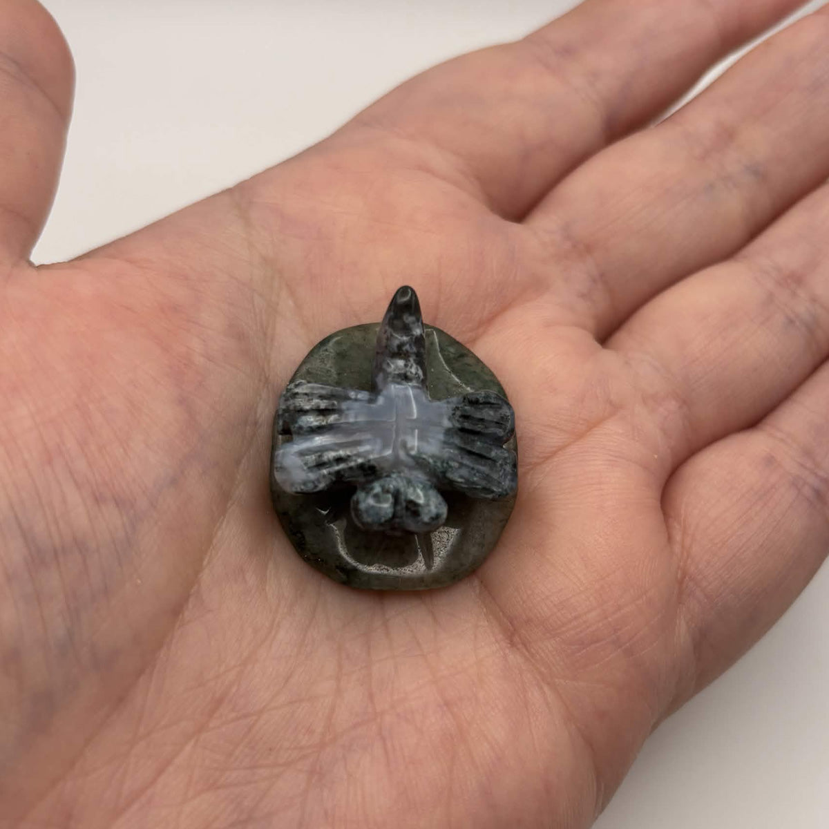 Moss Agate Dragonfly on Green Aventurine Leaf – Natural Stone Carving (CR-DF5)
