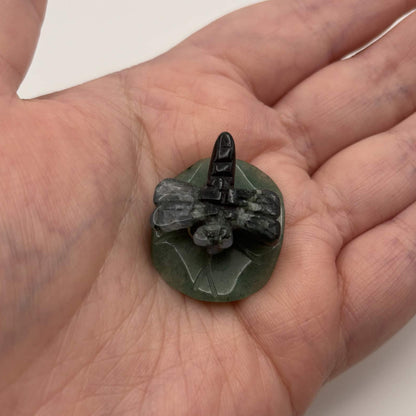 Moss Agate Dragonfly on Green Aventurine Leaf – Natural Stone Carving (CR-DF6)
