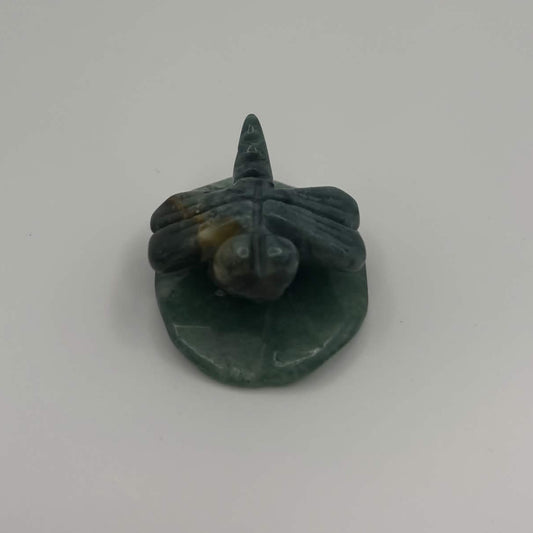 Moss Agate Dragonfly on Green Aventurine Leaf – Natural Stone Carving (CR-DF7)