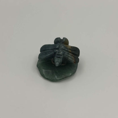 Moss Agate Dragonfly on Green Aventurine Leaf – Natural Stone Carving (CR-DF7)