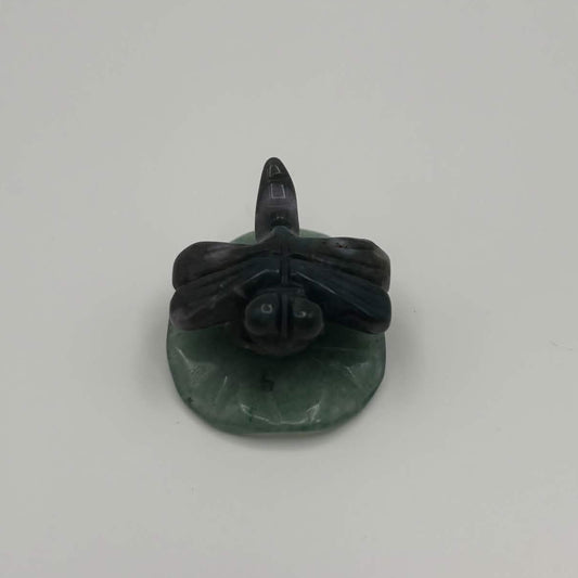 Moss Agate Dragonfly on Green Aventurine Leaf – Natural Stone Carving (CR-DF8)