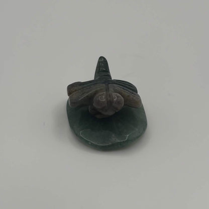 Moss Agate Dragonfly on Green Aventurine Leaf – Natural Stone Carving (CR-DF9)