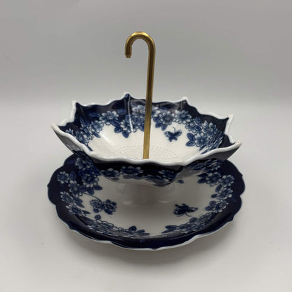 Blue & White Ceramic Umbrella Tea Strainer with Catch Dish — 2 Piece