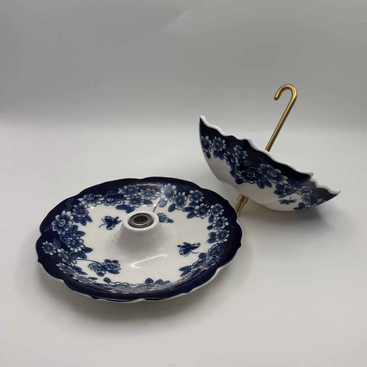 Blue & White Ceramic Umbrella Tea Strainer with Catch Dish — 2 Piece