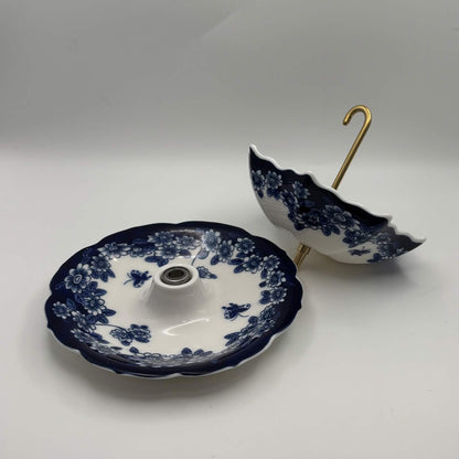 Blue & White Ceramic Umbrella Tea Strainer with Catch Dish — 2 Piece