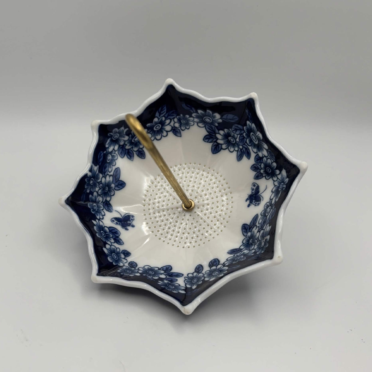 Blue & White Ceramic Umbrella Tea Strainer with Catch Dish — 2 Piece