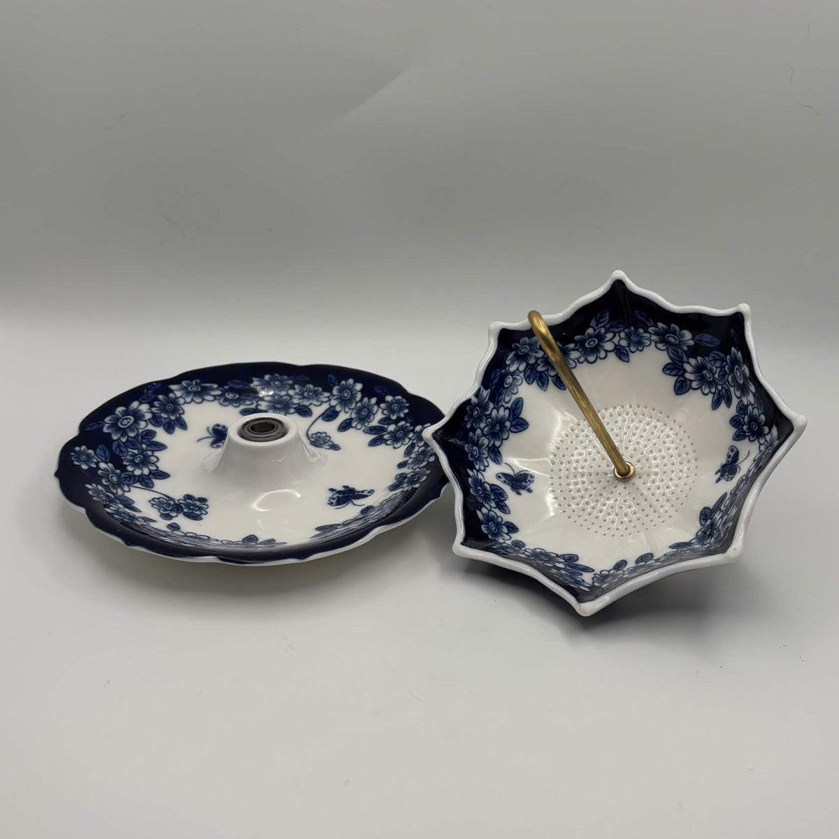 Blue & White Ceramic Umbrella Tea Strainer with Catch Dish — 2 Piece