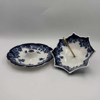 Blue & White Ceramic Umbrella Tea Strainer with Catch Dish — 2 Piece