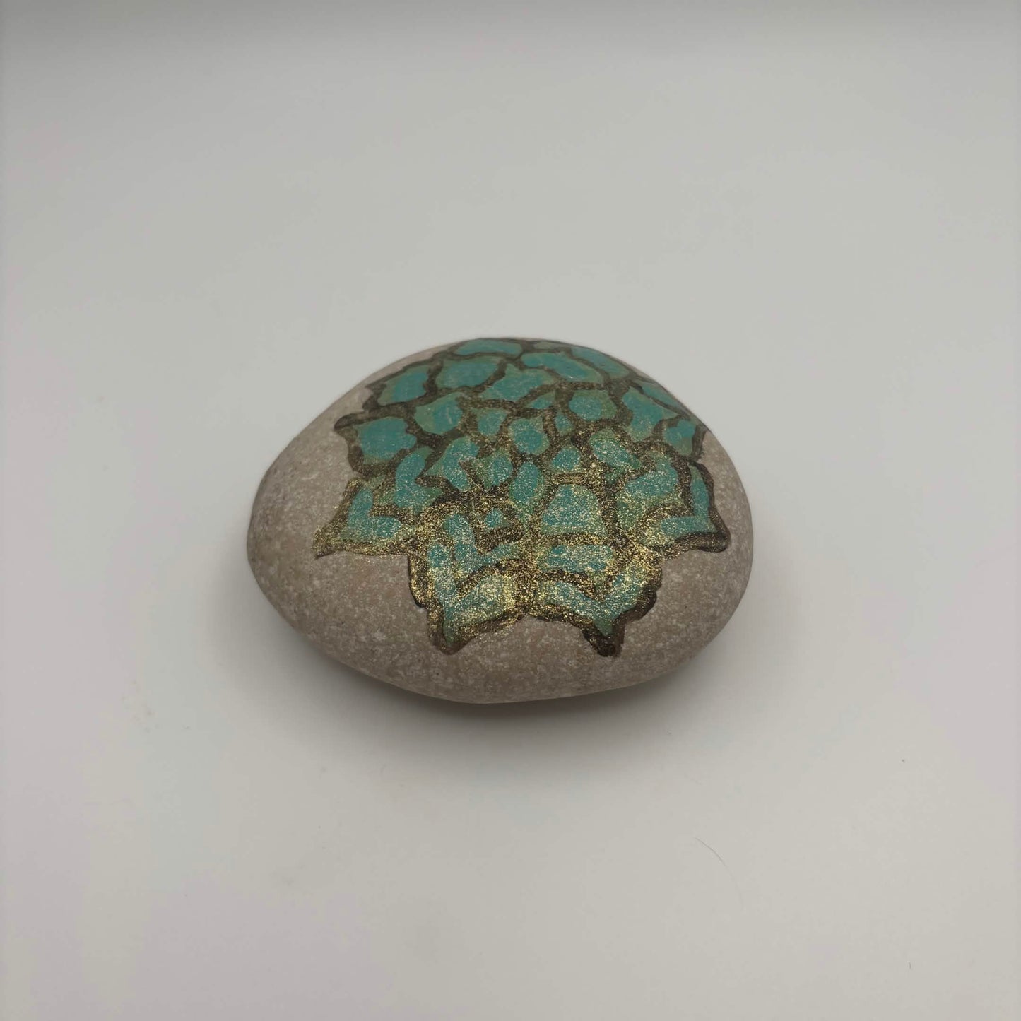 Original Hand-Painted Lake Superior Stone — Green & Gold Floral — 1 of 3