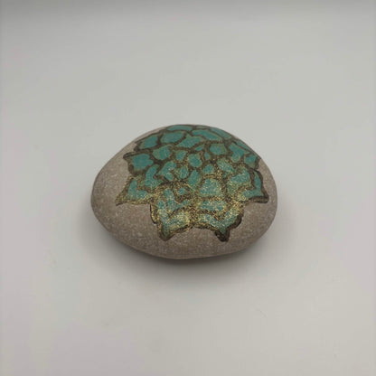 Original Hand-Painted Lake Superior Stone — Green & Gold Floral — 1 of 3