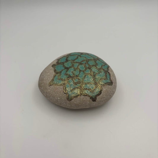 Original Hand-Painted Lake Superior Stone — Green & Gold Floral — 1 of 3