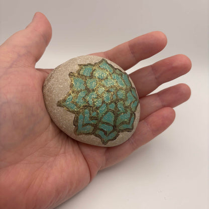 Original Hand-Painted Lake Superior Stone — Green & Gold Floral — 1 of 3