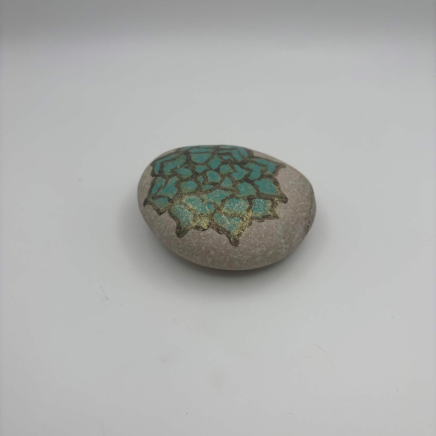 Original Hand-Painted Lake Superior Stone — Green & Gold Floral — 1 of 3
