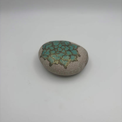 Original Hand-Painted Lake Superior Stone — Green & Gold Floral — 1 of 3