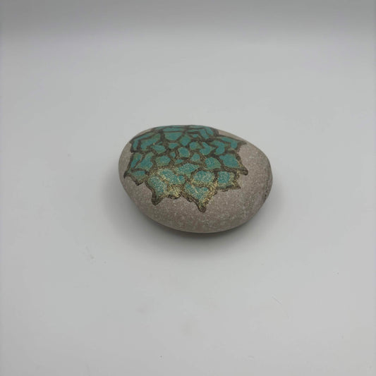 Original Hand-Painted Lake Superior Stone — Green & Gold Floral — 1 of 3