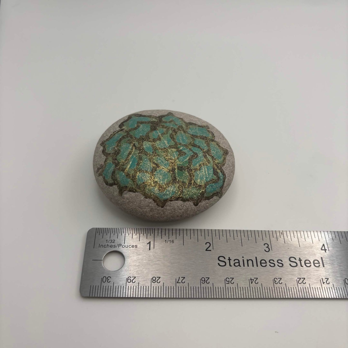 Original Hand-Painted Lake Superior Stone — Green & Gold Floral — 2 of 3