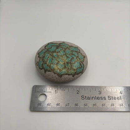 Original Hand-Painted Lake Superior Stone — Green & Gold Floral — 2 of 3