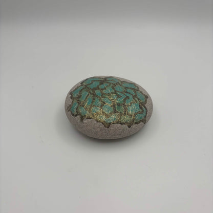 Original Hand-Painted Lake Superior Stone — Green & Gold Floral — 2 of 3