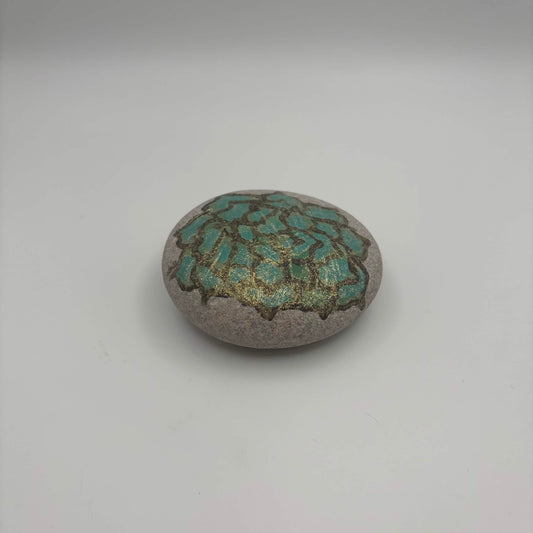 Original Hand-Painted Lake Superior Stone — Green & Gold Floral — 2 of 3