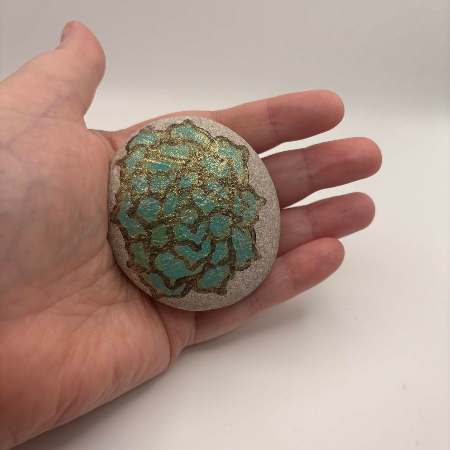 Original Hand-Painted Lake Superior Stone — Green & Gold Floral — 2 of 3