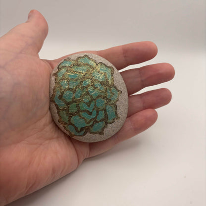 Original Hand-Painted Lake Superior Stone — Green & Gold Floral — 2 of 3