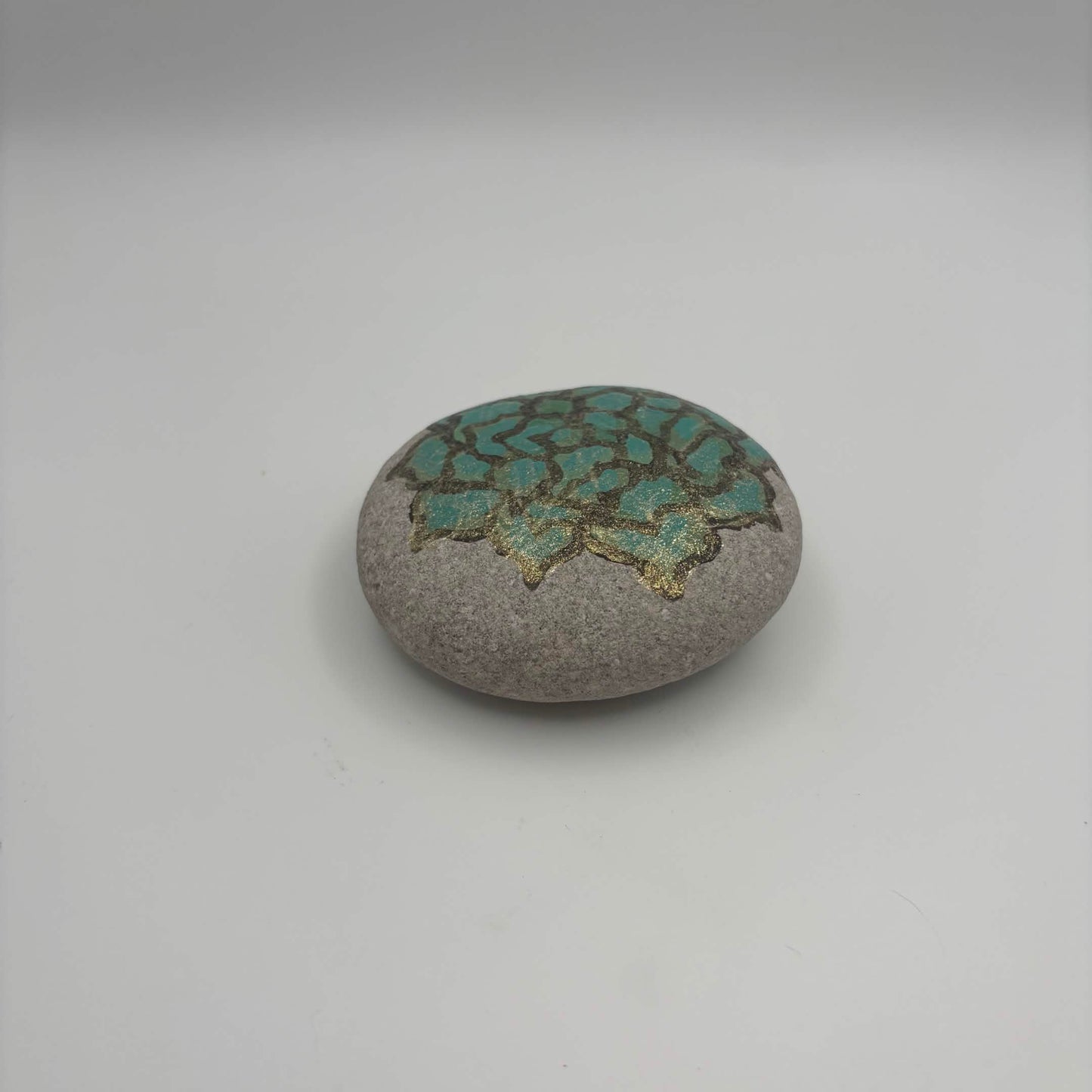 Original Hand-Painted Lake Superior Stone — Green & Gold Floral — 2 of 3