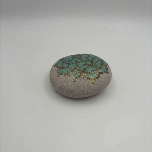 Original Hand-Painted Lake Superior Stone — Green & Gold Floral — 2 of 3