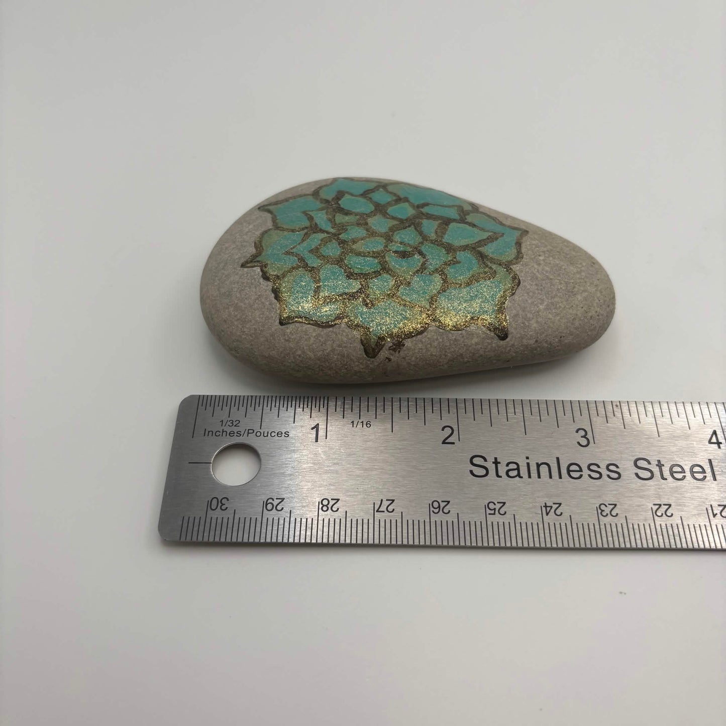 Original Hand-Painted Lake Superior Stone — Green & Gold Floral — Final Piece 3 of 3