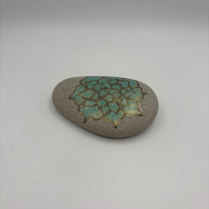 Original Hand-Painted Lake Superior Stone — Green & Gold Floral — Final Piece 3 of 3