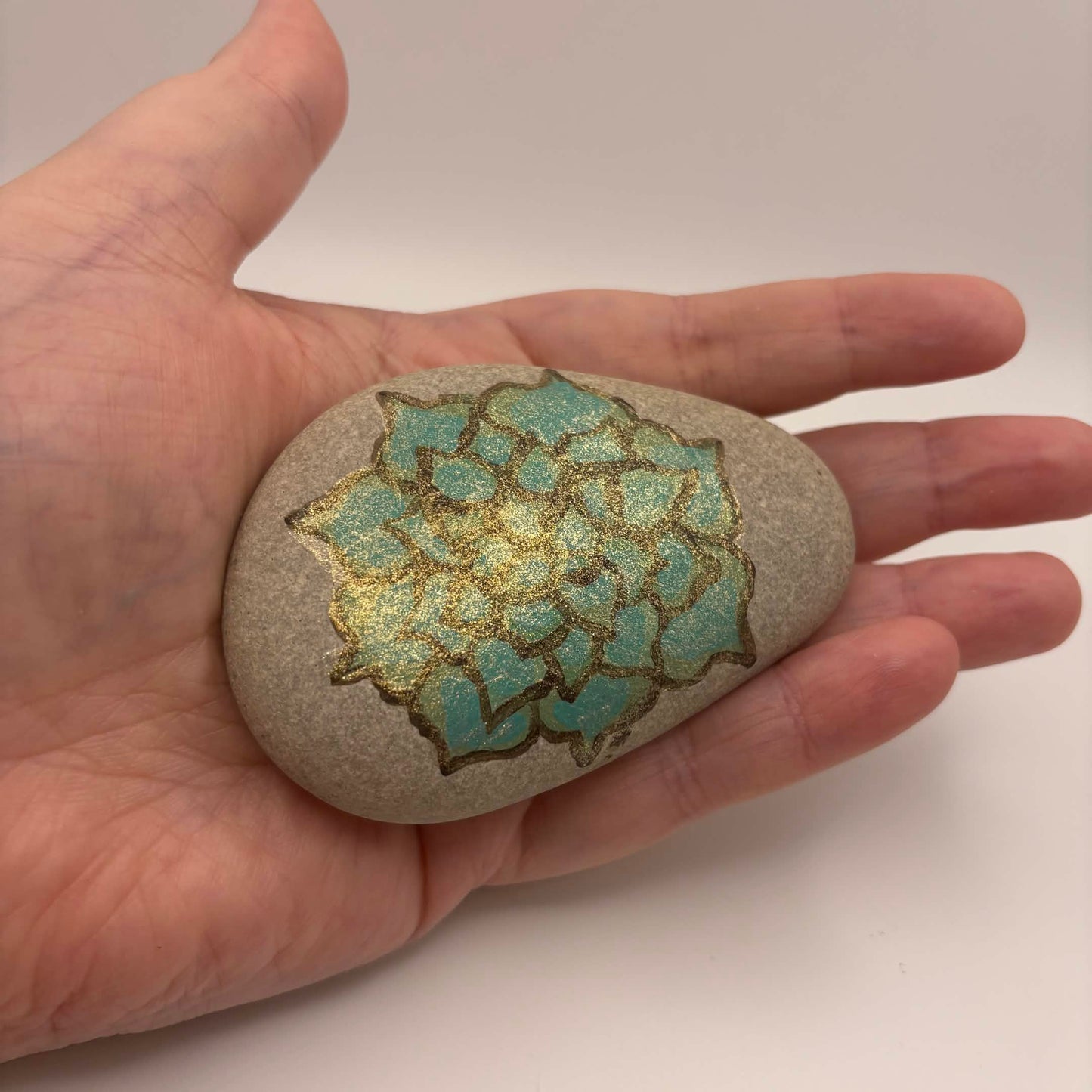 Original Hand-Painted Lake Superior Stone — Green & Gold Floral — Final Piece 3 of 3