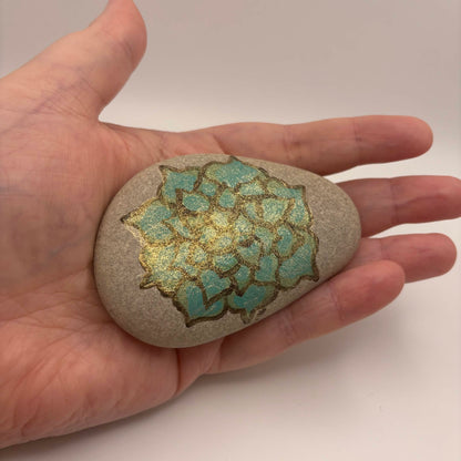 Original Hand-Painted Lake Superior Stone — Green & Gold Floral — Final Piece 3 of 3